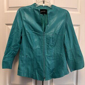 Lafayette 148 NY Teal Leather Jacket Size Small Elegant Zip Front